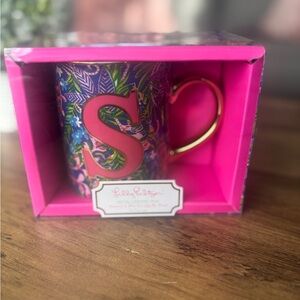 Lilly Pulitzer Initial “S” Ceramic Mug with Gold Handle NIB